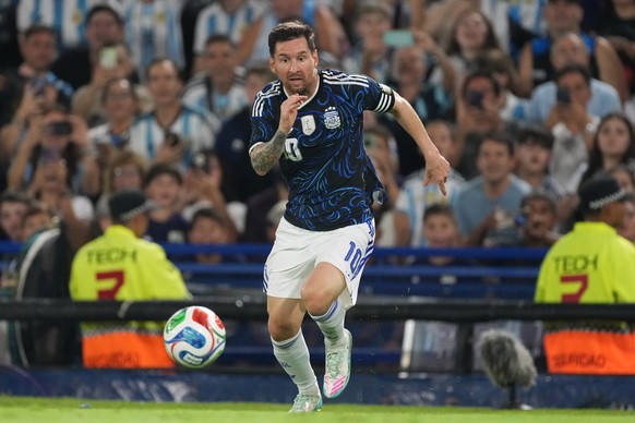 FILE - Argentina's Lionel Messi dribbles during a friendly soccer match against Zambia in Buenos Aires, Argentina, Tuesday, March 31, 2026. (AP Photo/Gustavo Garello, File)
Lionel Messi