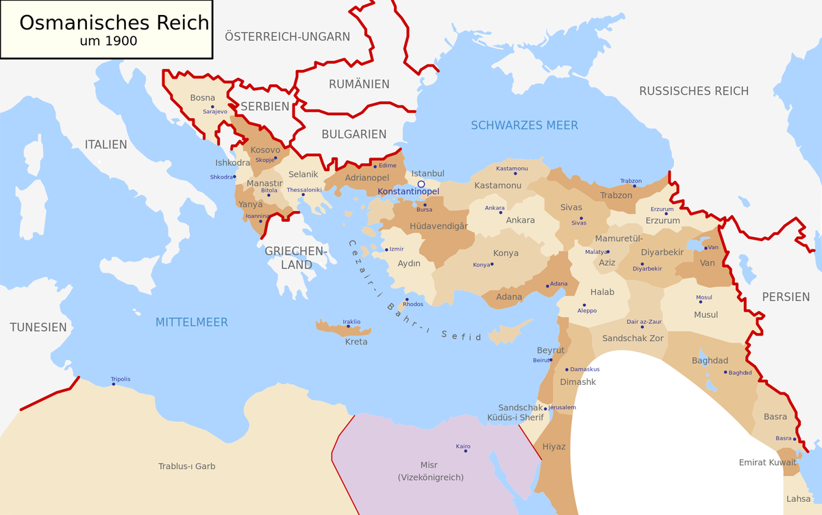 Das Osmanische Reich um 1900
https://de.wikipedia.org/wiki/Osmanisches_Reich#/media/Datei:Map-of-Ottoman-Empire-in-1900-German.svg