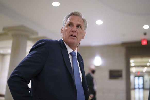 House Minority Leader Kevin McCarthy, R-Calif., and fellow Republicans gather to consider a replacement for Rep. Liz Cheney, R-Wyo., was ousted from the GOP leadership Wednesday for criticizing former ...