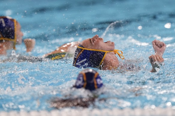 Spain&#039;s Maica Garcia Godoy celebrates after scoring during the women&#039;s gold medal water polo match between Australia and Spain, at the 2024 Summer Olympics, Saturday, Aug. 10, 2024, in Paris ...