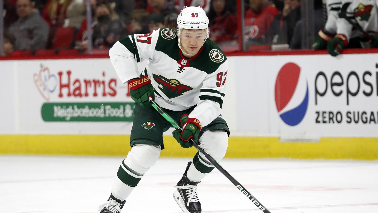 FILE -Minnesota Wild&#039;s Kirill Kaprizov (97) waits for a face-off against the Carolina Hurricanes during the first period of an NHL hockey game in Raleigh, N.C., Saturday, April 2, 2022. Minnesota ...