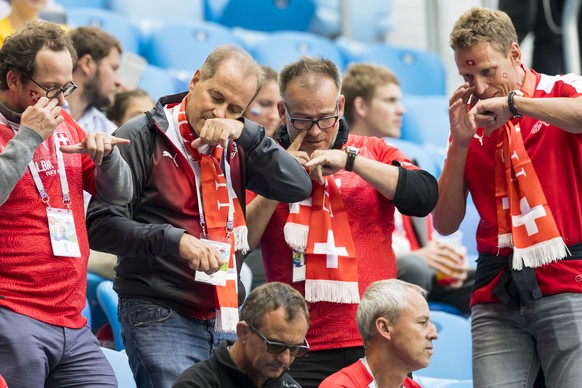 Fans from Switzerland react during the FIFA World Cup 2018 round of 16 soccer match between Sweden and Switzerland at the Krestovski Stadium, in St. Petersburg, Russia, Tuesday, July 3, 2018. (KEYSTON ...