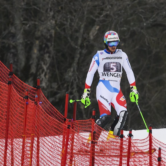 epa06433473 Luca Aerni of Switzerland, reacts during the slalom run of the Men&#039;s Alpine Combined event at the FIS Alpine Skiing World Cup in Wengen, Switzerland, 12 January 2018. EPA/JEAN CHRISTO ...