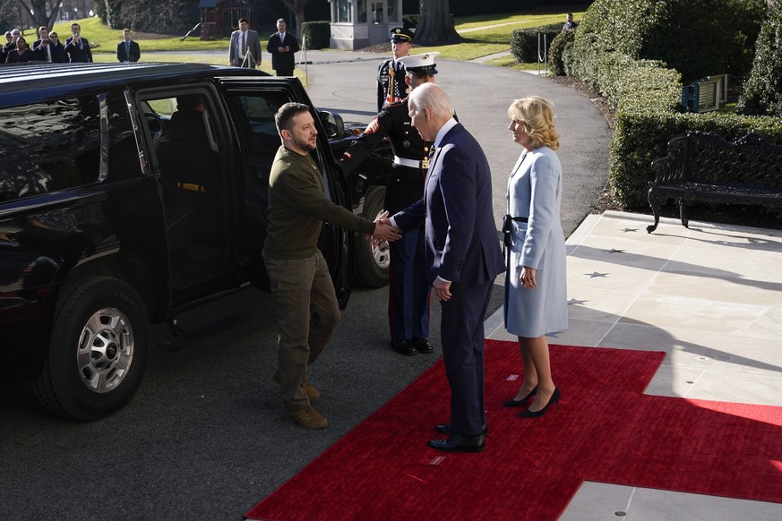 President Joe Biden shakes hands with Ukrainian President Volodymyr Zelenskyy as he welcomes him to the White House, Wednesday, Dec. 21, 2022, in Washington. First lady Jill Biden is at right. (AP Pho ...
