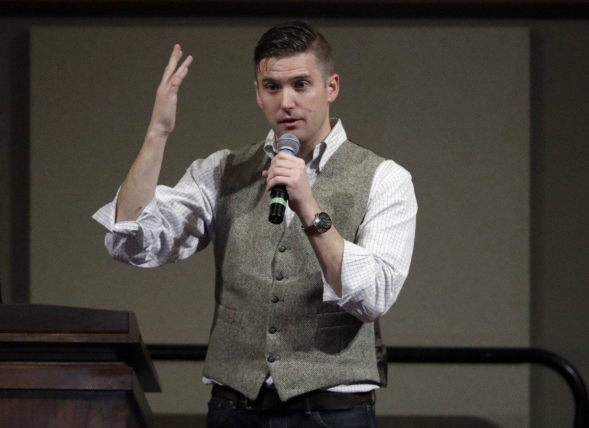FILE - In this Dec. 6, 2016 file photo, Richard Spencer speaks at the Texas A&amp;M University campus in College Station, Texas. Twitter has restored Spencer's personal account less than a month  ...