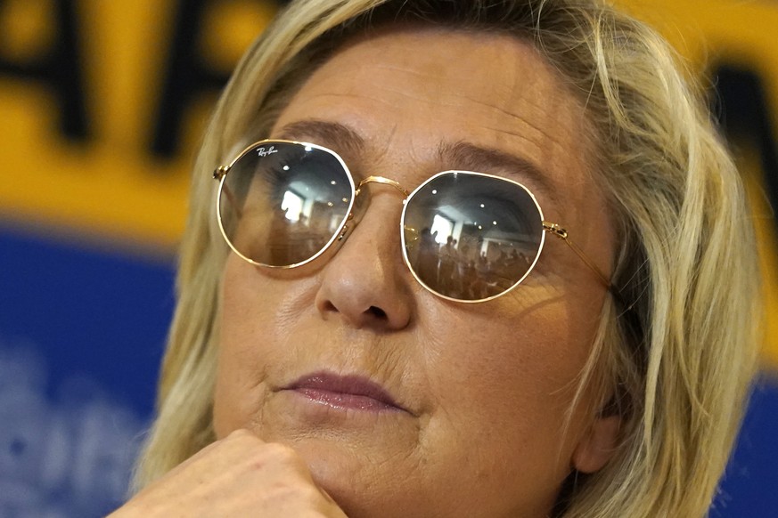 Far-right leader Marine le Pen looks on during a press conference in Toulon, southern France, Thursday, June 17, 2021. Although the winner of Sundays June 20 and 27 in the regional elections will only ...