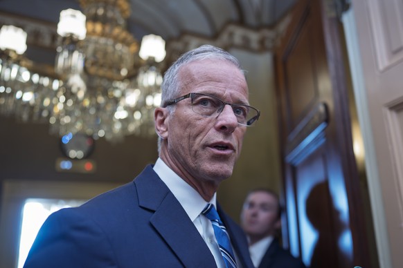 Senate Majority Leader John Thune, R-S.D., speaks to reporters outside his office at the Capitol in Washington, Tuesday, July 8, 2025. (AP Photo/J. Scott Applewhite)
John Thune