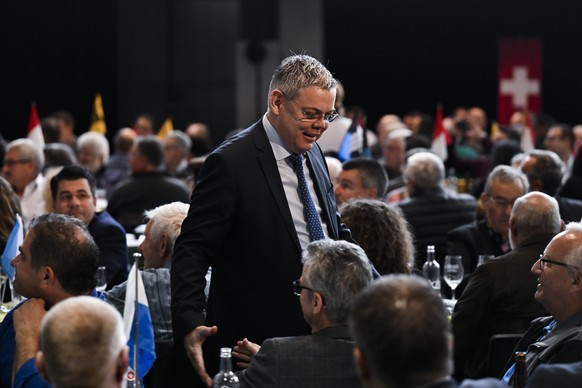 Nationalrat Franz Grueter, an der Delegiertenversammlung der SVP Schweiz, am Samstag, 9. April 2022, in der Stadthalle in Chur. (KEYSTONE/Gian Ehrenzeller)