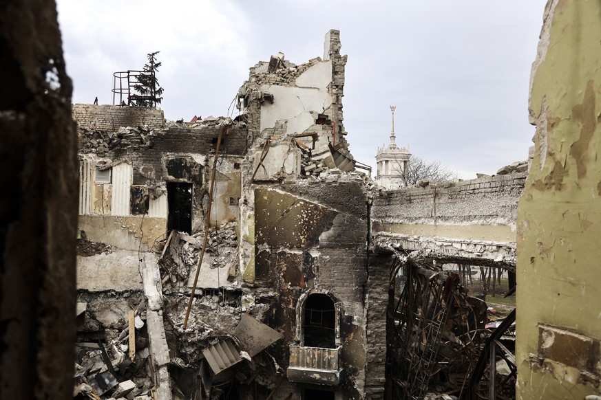 A view of the Mariupol theater damaged during fighting in Mariupol, in territory under the government of the Donetsk People&#039;s Republic, eastern Ukraine, Monday, April 4, 2022. (AP Photo/Alexei Al ...