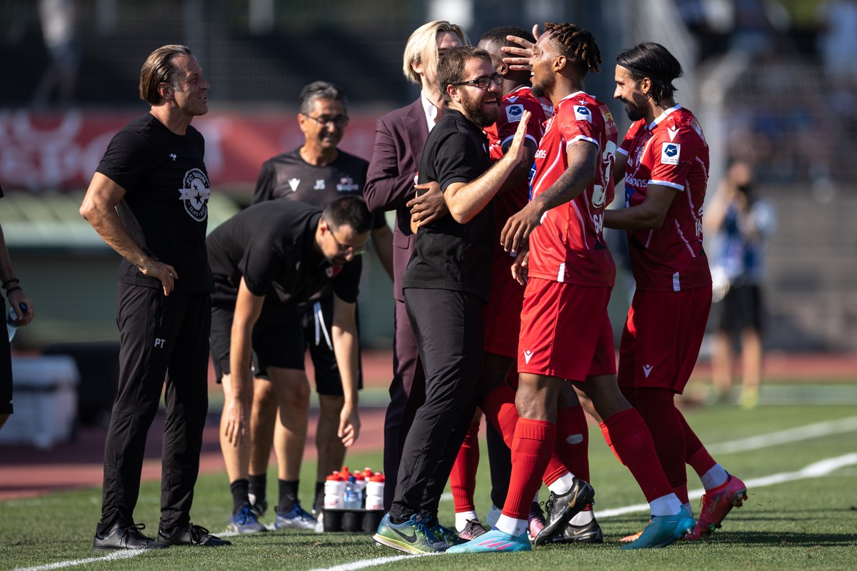 Sion's player Dimitri Cavar� celebrates the 0-2 goal, during the Super League soccer match FC Lugano against FC Sion at the Cornaredo stadium in Lugano, Sunday, July 17, 2022. (KEYSTONE/Ti-Press/ ...