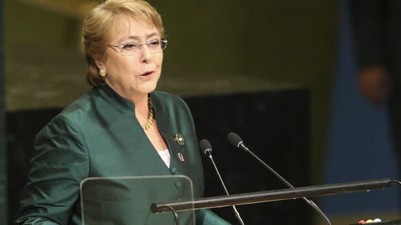 FILE - In this Sept. 21, 2016 file photo, then Chilean President Michelle Bachelet speaks during the 71st session of the United Nations General Assembly at U.N. headquarters. Diplomats say Secretary-G ...