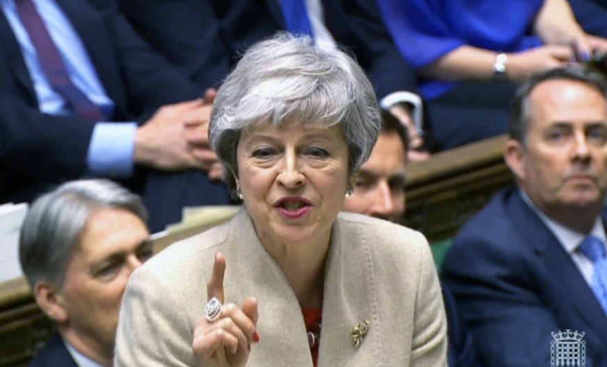 epa07471049 A grab from a handout video made available by the UK Parliamentary Recording Unit shows British Prime Minister Theresa May in the British House of Commons at Westminster, central London, B ...