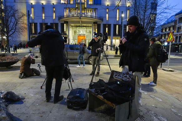 epa12701525 Press stand ahead of the first day of the trial against Marius Borg Hoiby at Oslo Courthouse in Oslo, Norway, 03 February 2026. Hoiby (29) is charged with 38 incidents, including four rape ...