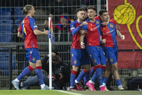 Basel&#039;s Zeki Amdouni celebrates after his 1:0 goal during the UEFA Conference League soccer match between Switzerland&#039;s FC Basel 1893 and OGC Nice of France at the St. Jakob-Park stadium in  ...