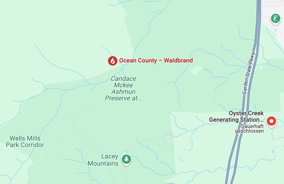 Waldbrand New Jersey und nahegelegenes Kernkraftwerk. Ende April 2025.