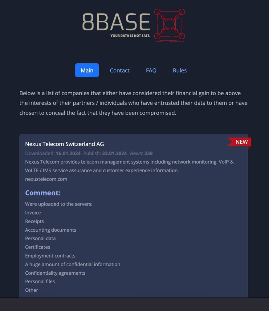 Darknet-Seite der Ransomware-Bande 8Base, die angeblich die Schweizer Softwarefirma Nexus Telecom gehackt hat.