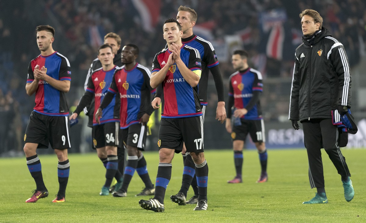 Basel's players thank the fans after losing the UEFA Champions League Group stage Group A matchday 4 soccer match between Switzerland's FC Basel 1893 and France's Paris Saint-Germain Fo ...