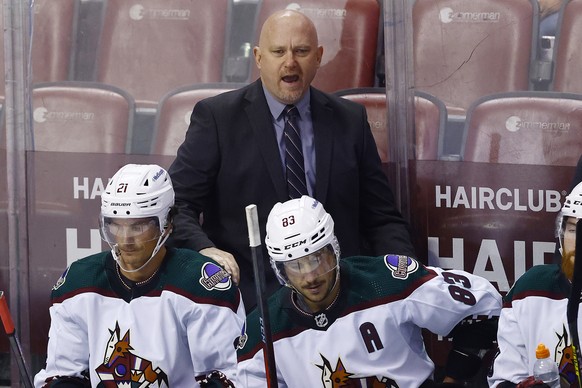 Arizona Coyotes head coach Andre Tourigny, top, watches play during the third period of an NHL hockey game against the Florida Panthers, Monday, Oct. 25, 2021, in Sunrise, Fla. (AP Photo/Michael Reave ...