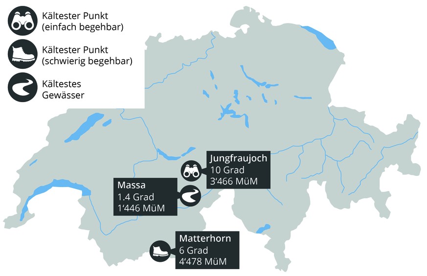 Infografik Kälteste Orte der Schweiz 30. Juli 2018