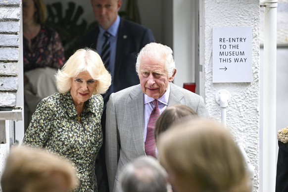 Britain&#039;s King Charles III and Queen Camilla during a visit to the Barbara Hepworth Museum and Sculpture Garden in St Ives, Cornwall, England, Thursday July 13, 2023. (Finnbarr Webster/PA via AP)