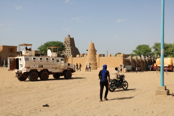 United Nation forces patrol the streets of Timbuktu, Mali, Sunday, Sept. 26, 2021. Many residents of Timbuktu are worried that when French troops pull out of the city in northern Mali, jihadis will re ...