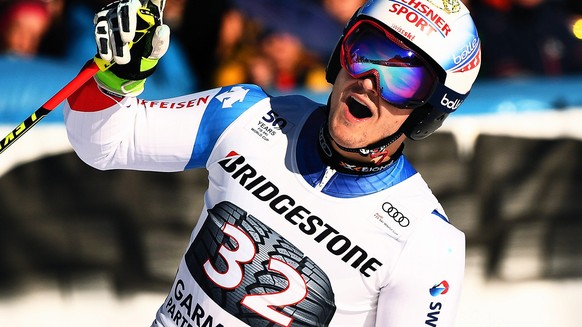 epa05758952 Loic Meillard of Switzerland reacts during the second run of the men's Giant Slalom race at the FIS Alpine Skiing World Cup in Garmisch-Partenkirchen, Germany, 29 January 2017. EPA/CHRISTI ...