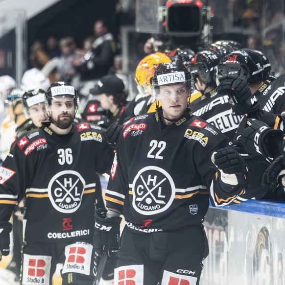 Lugano&#039;s player Santeri Alatalo, celebrate 1-0 gool, during the Play-in game of National League A (NLA) Swiss Championship 2023/24 between, HC Lugano against HC Ambri Piotta, at the ice stadium C ...