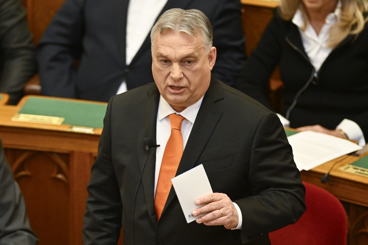 Hungarian Prime Minister Viktor Orban speaks after addressing a parliament session, on the day lawmakers are expected to approve Sweden's accession into NATO, in Budapest, Hungary, Monday, Feb 26 ...