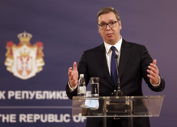 epa09049423 Serbian President Aleksandar Vucic talks during a press conference with EU Special Representative for the Pristina-Belgrade Dialogue Miroslav Lajcak (not pictured), after their meeting in  ...