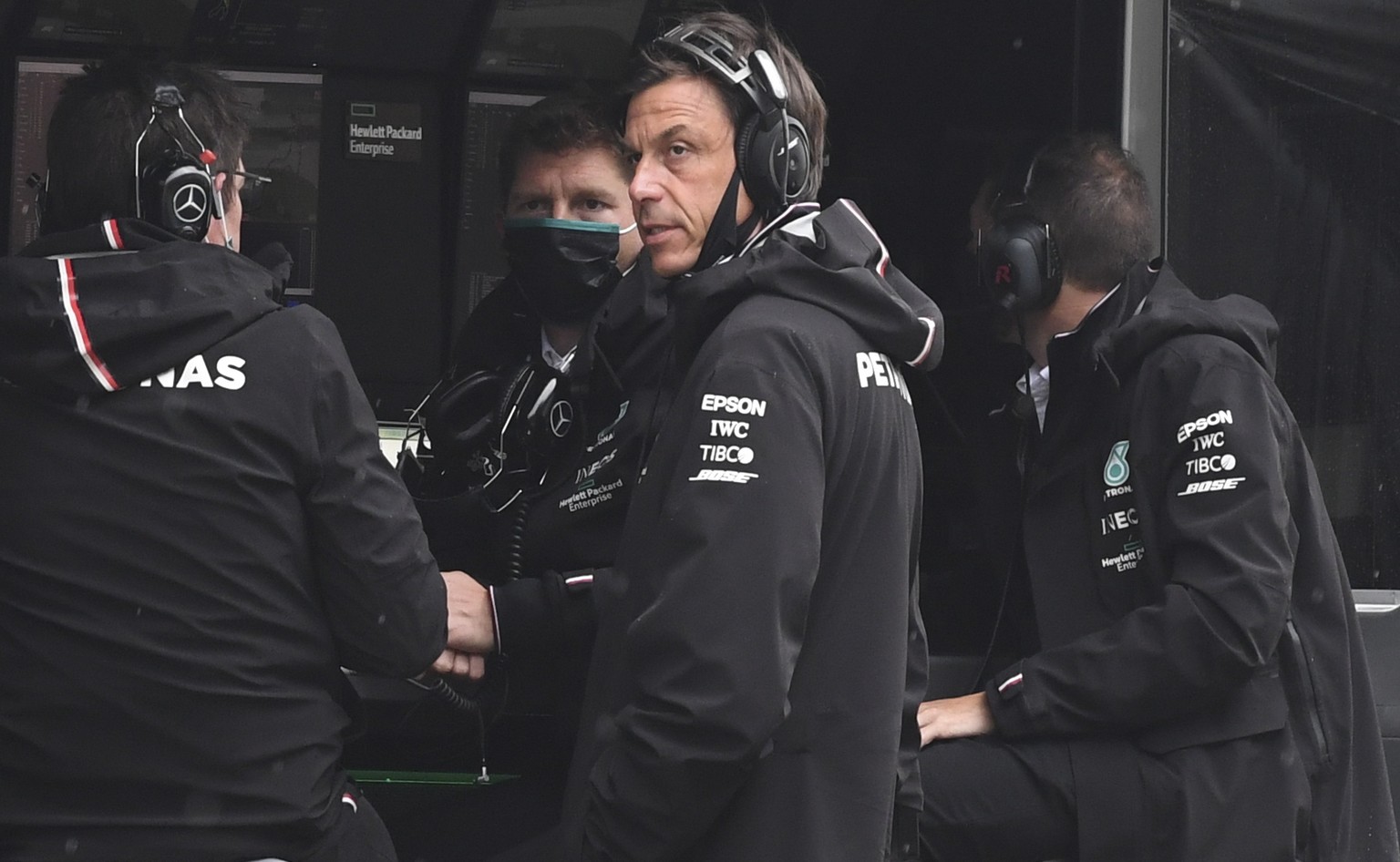 epa09434128 Mercedes AMG Petronas F1 Team&#039;s team principal Toto Wolff reacts at the team control station after the third practice session of the Formula One Grand Prix of Belgium at the Spa-Franc ...