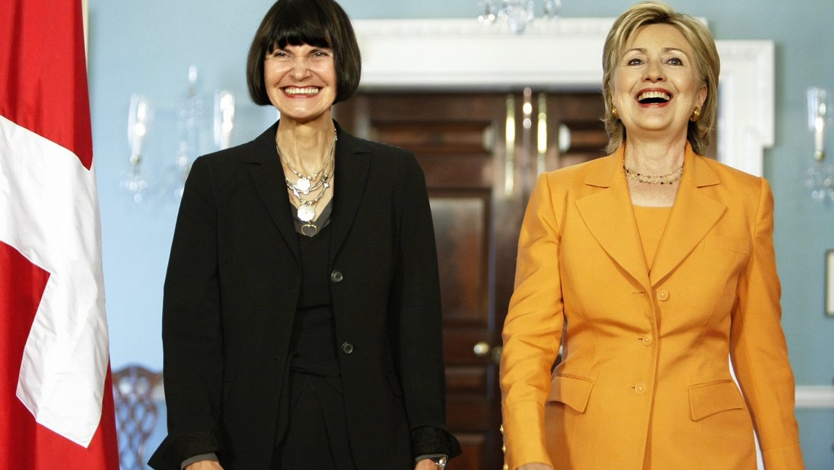 Secretary of State Hillary Rodham Clinton welcomes Switzerland's Foreign Minister Micheline Calmy-Rey for talks at the State Department in Washington, Friday, July 31, 2009. (AP Photo/J. Scott Ap ...