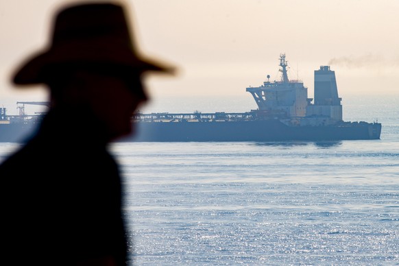 A view of the Grace 1 supertanker standing off the British territory of Gibraltar, Friday, Aug. 16, 2019. The lawyer representing the captain of the Iranian supertanker caught in a diplomatic standoff ...