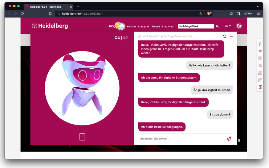 Dialog mit KI-Chatbot der Stadt Heidelberg, der auf generativer KI von Aleph Alpha basiert.