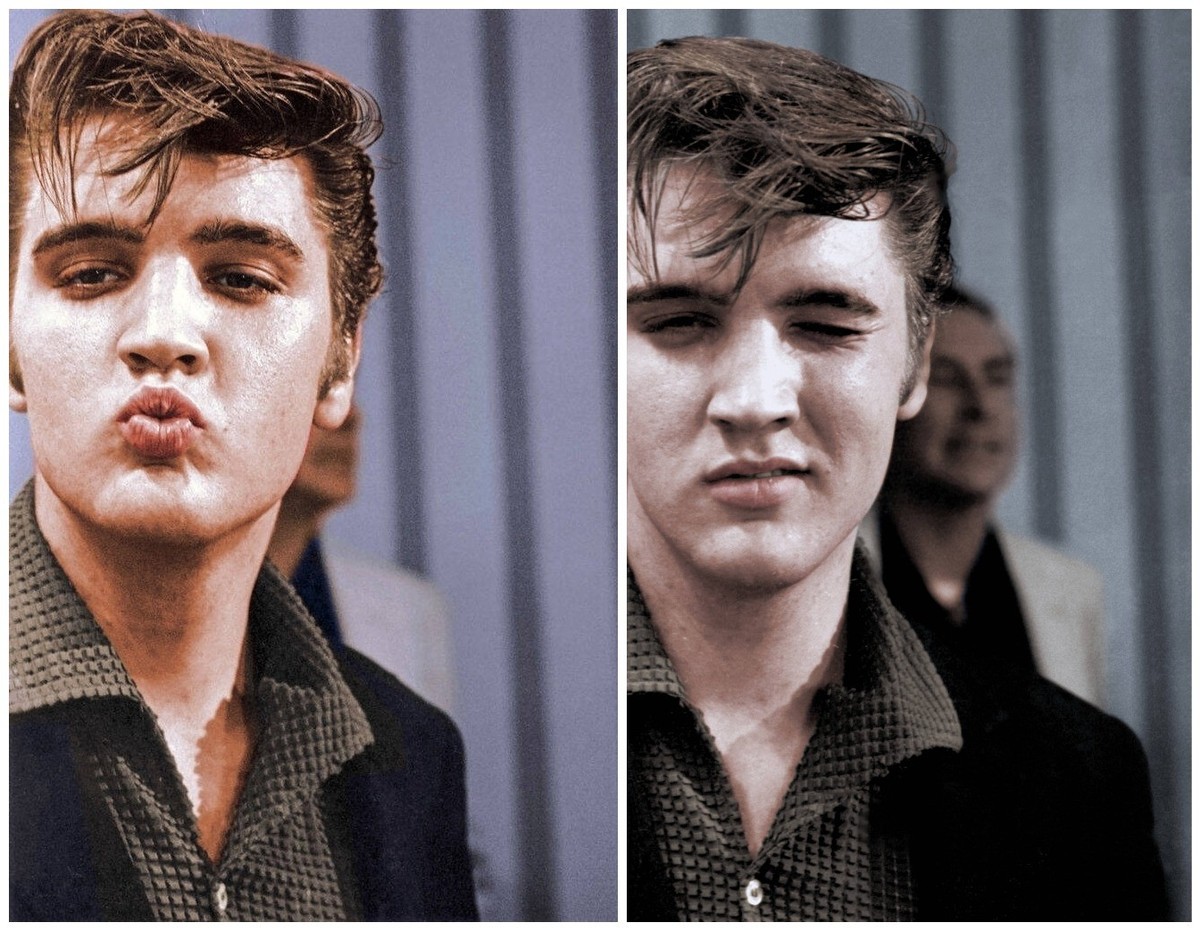 Circa 1956 - Memphis, Tennessee, U.S. - Candid closeup of The King ELVIS PRESLEY blowing a kiss at the camera in 1957. Elvis was an American singer, musician, and actor. He is regarded as one of the m ...