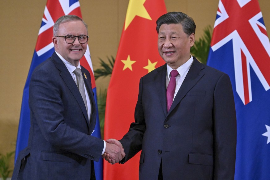 Australian Prime Minister Anthony Albanese, left, meets Chinese President Xi Jinping on the sidelines of the G-20 summit in Nusa Dua, Bali, Indonesia, Tuesday, Nov. 15, 2022. Albanese met with Chinese ...