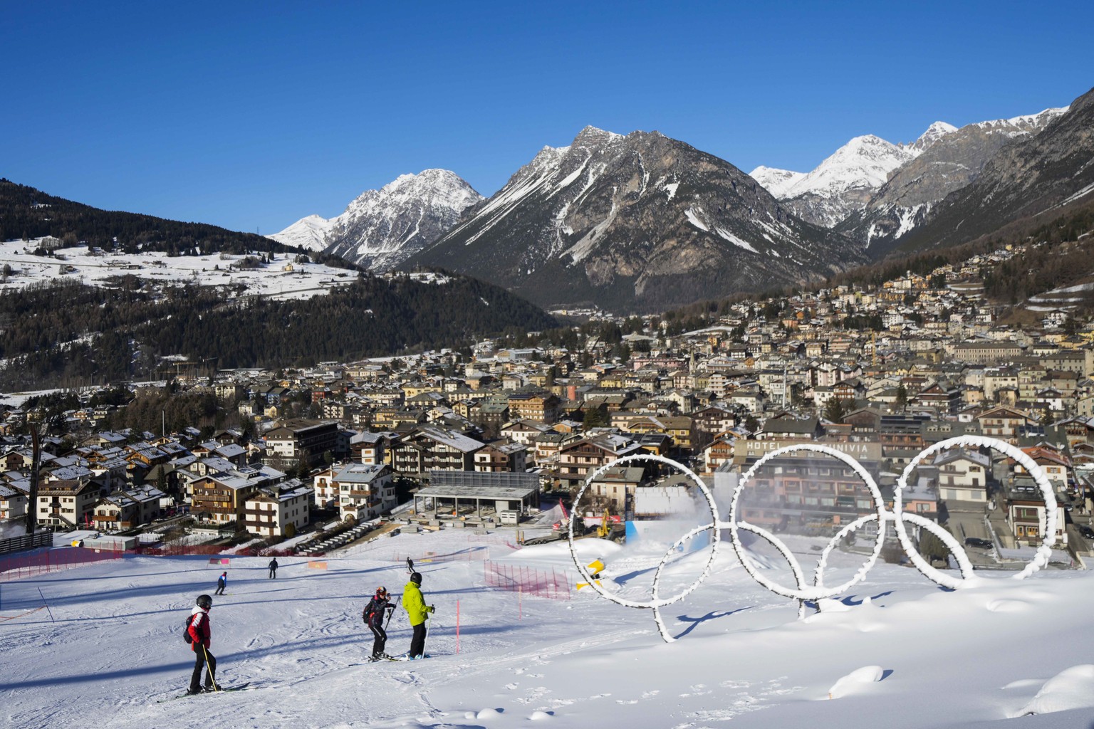 Olympic rings are seen near a slope of the Stelvio Ski Center, venue for the alpine ski and ski mountaineering disciplines at the Milan Cortina 2026 Winter Olympics, in Bormio, Italy, Thursday, Jan. 1 ...