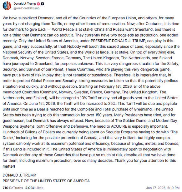 donald trump grönland post truth social, 17.01.2026 (cpf)