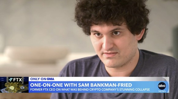 In this screengrab from an interview with ABC News is Sam Bankman-Fried, former CEO of failed cryptocurrency exchange FTX.  The interview, which appeared on Good Morning America, took…