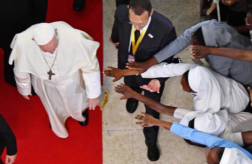 epa07820352 Pope Francis during the meeting with bishops, priests, religious, consacreted and seminarians, cathechists and animator at the Cathedral of the Immaculate Conception in Maputo, Mozambique, ...