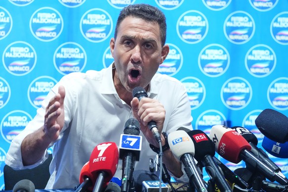 EU Parliament member and former Italian army general Roberto Vannacci speaks during a press conference as he concludes the two-day founding congress of his far-right party, Futuro Nazionale (National  ...