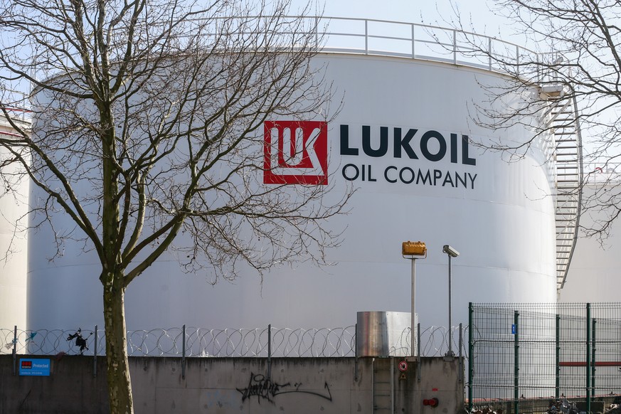 epa09812396 A view of fuel tanks of Russian multinational energy corporation Lukoil at its headquarters in Brussels, Belgium, 09 March 2022. For several days the price of petrol and diesel have exceed ...