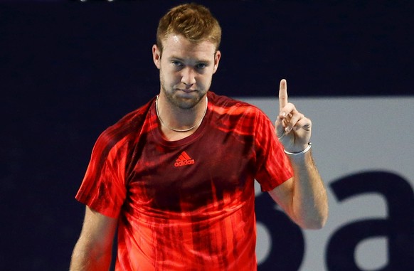 Jack Sock of the U.S. gestures during his match against compatriot John Isner at the Swiss Indoors ATP men&#039;s tennis tournament in Basel, Switzerland October 29, 2015. REUTERS/Arnd Wiegmann