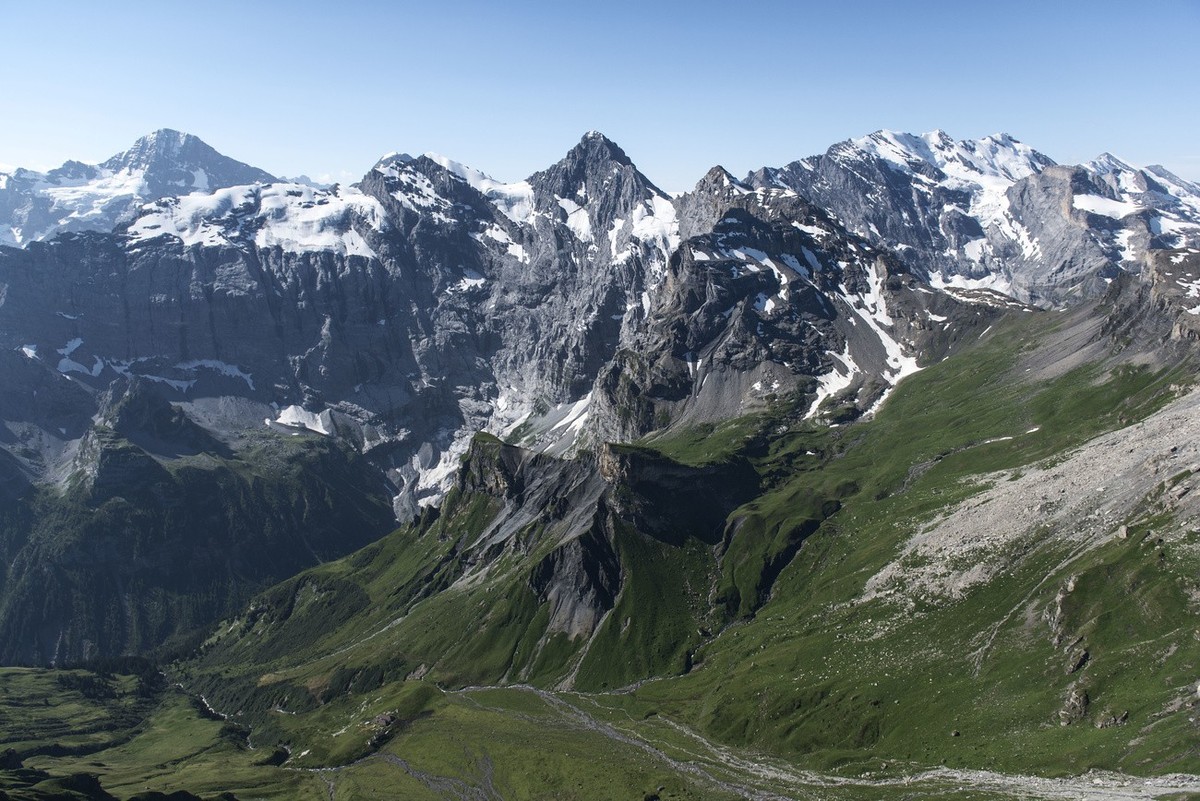 The view from Mount Schilthorn toward Mount Gspaltenhorn, pictured on August 6, 2013, in Muerren, Switzerland. Mount Schilthorn with the revolving restaurant Piz Gloria was a filming location of a Jam ...