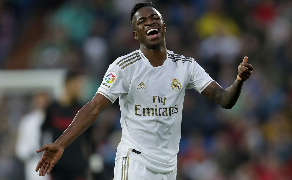 Real Madrid's Vinicius Junior reacts during the Spanish La Liga soccer match between Real Madrid and Sevilla at Santiago Bernabeu stadium in Madrid, Saturday, Jan. 18, 2020. (AP Photo/Manu Fernan ...