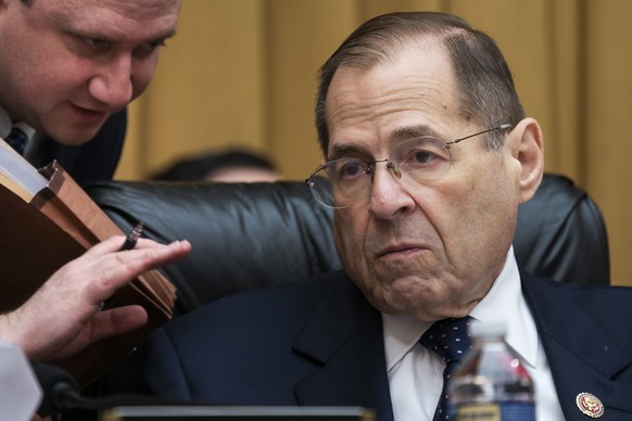 epa07556045 Democratic Representative from New York and Chairman of the House Judiciary Committee Jerry Nadler (R) prepares to oversee a committee markup to hold Attorney General William Barr in conte ...