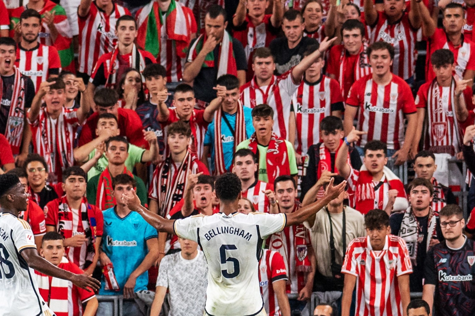 epa10797826 Real Madrid&#039;s Jude Bellingham celebrates after scoring the 0-2 goal during the LaLiga soccer match between Athletic Club and Real Madrid, in Bilbao, Spain, 12 August 2023. EPA/Javier  ...