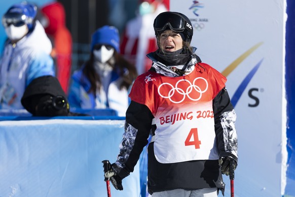 Sarah Hoefflin of Switzerland looks on after the women's Freestyle Skiing Slopestyle Qualification Run 1 at the 2022 Winter Olympics in Zhangjiakou, China, on Monday, February 14, 2022. (KEYSTONE/Peter Klaunzer)..