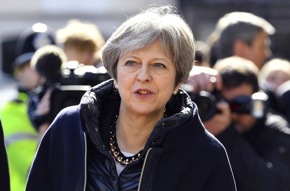 Britain&#039;s Prime Minister Theresa May views the area where former Russian double agent Sergei Skripal and his daughter were found critically ill, in Salisbury, England, Thursday, March 15, 2018. M ...