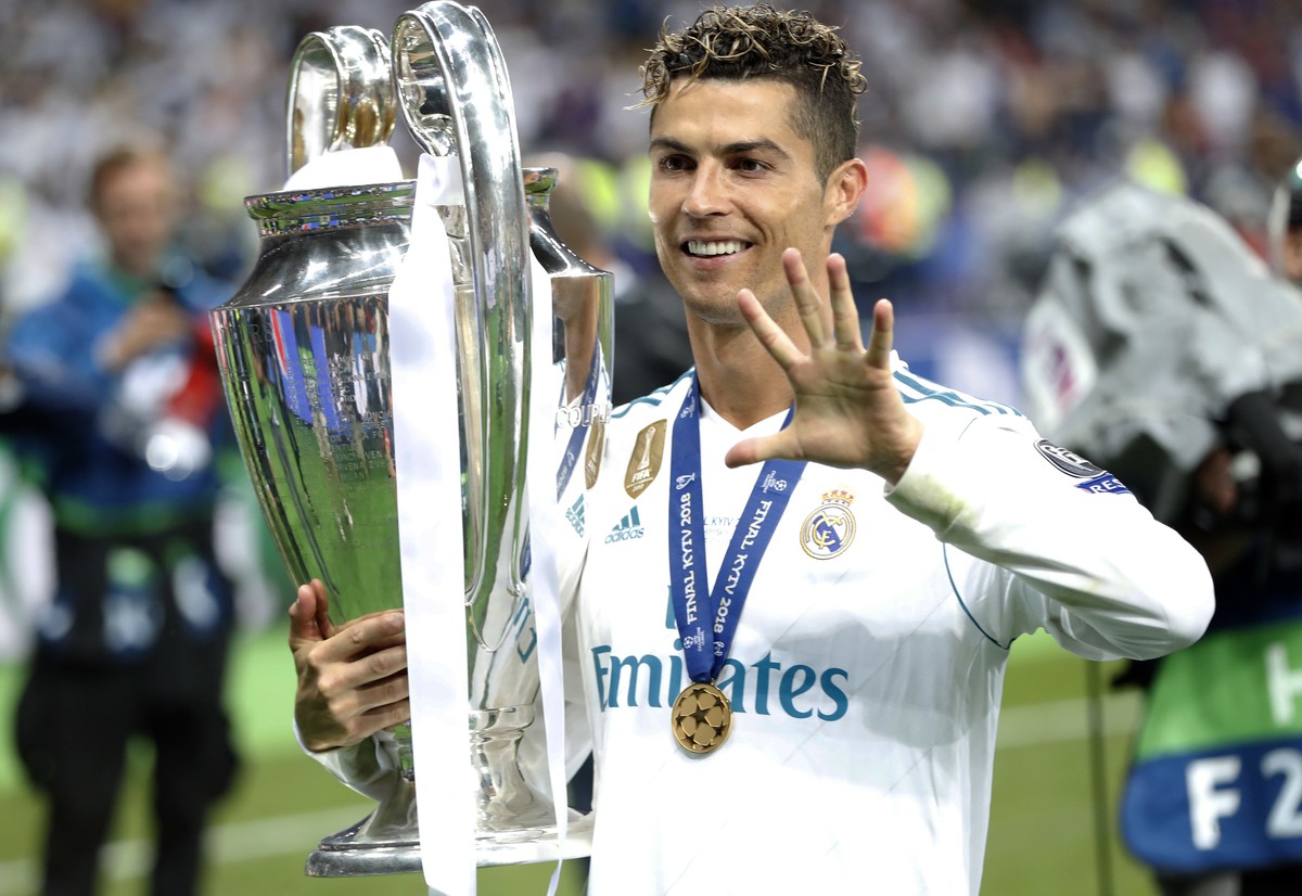 FILE - In this Saturday, May 26, 2018 file photo Real Madrid's Cristiano Ronaldo celebrates with the trophy after winning the Champions League Final soccer match between Real Madrid and Liverpool ...