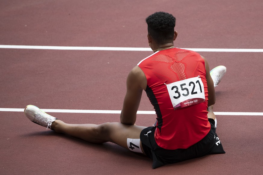 Jason Joseph of Switzerland reacts after the semifinal of the atletics men&#039;s 110m hurdles race at the 2020 Tokyo Summer Olympics in Tokyo, Japan, on Wednesday, August 4, 2021. (KEYSTONE/Peter Kla ...